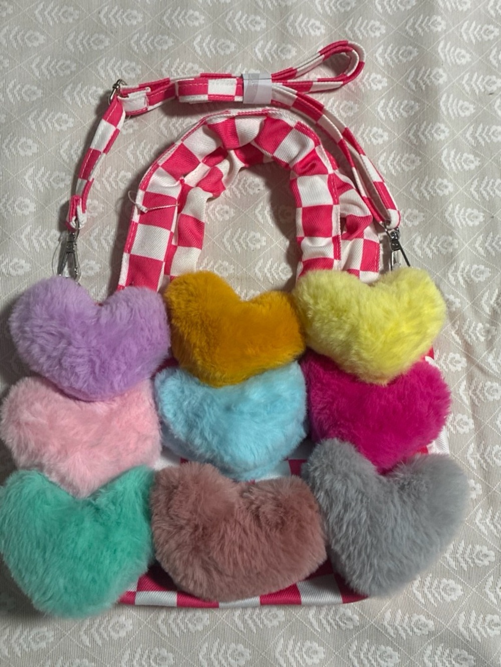 Kids Multi-Color Heart Plush Crossbody Bag - Pink Check Strap